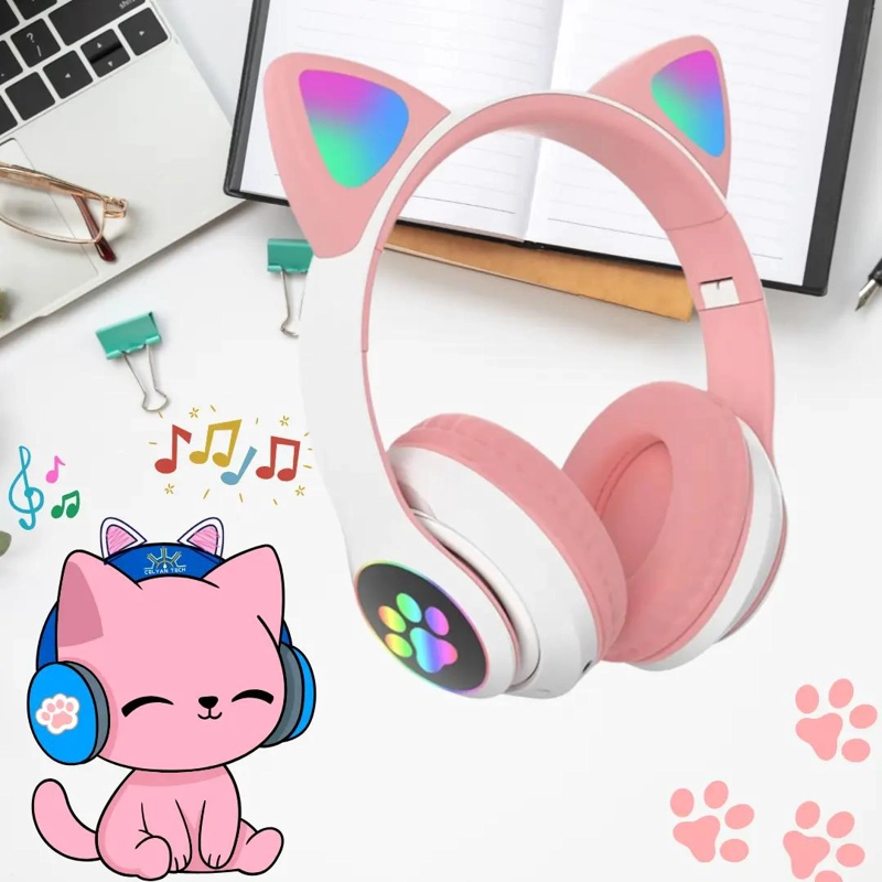 AUDIFONOS BLUETOOTH INALAMBRICOS OREJAS DE GATO RGB ROSA - 4