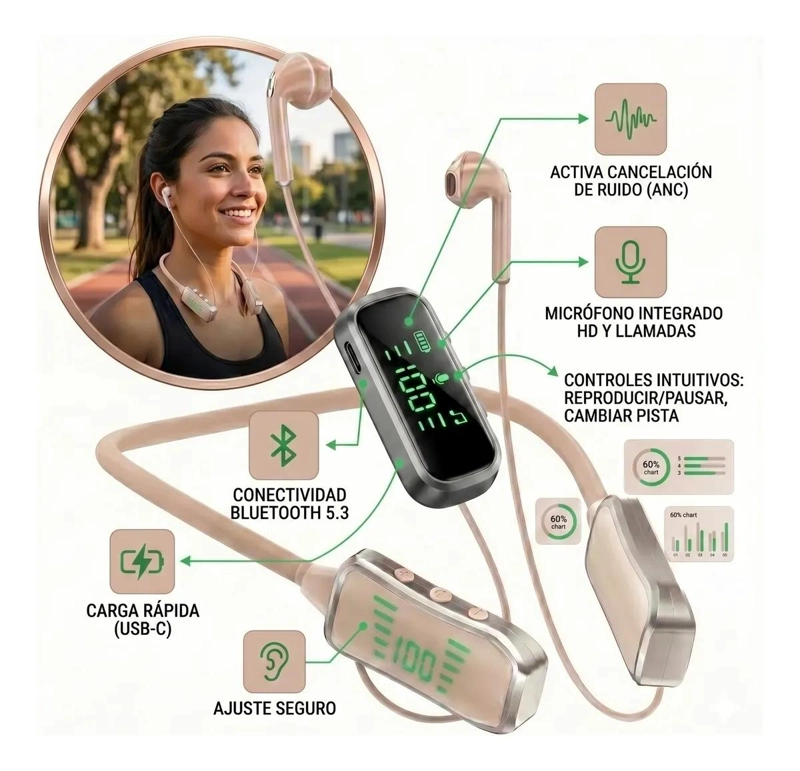 AUDIFONOS DEPORTIVOS BLUETOOTH 5.3 CON PANTALLA LED INALA - 4