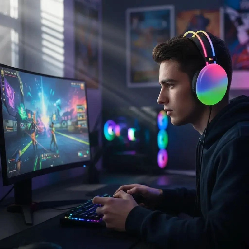 AUDIFONOS INALAMBRICOS RGB CON MICROFONO Y LUCES - 5