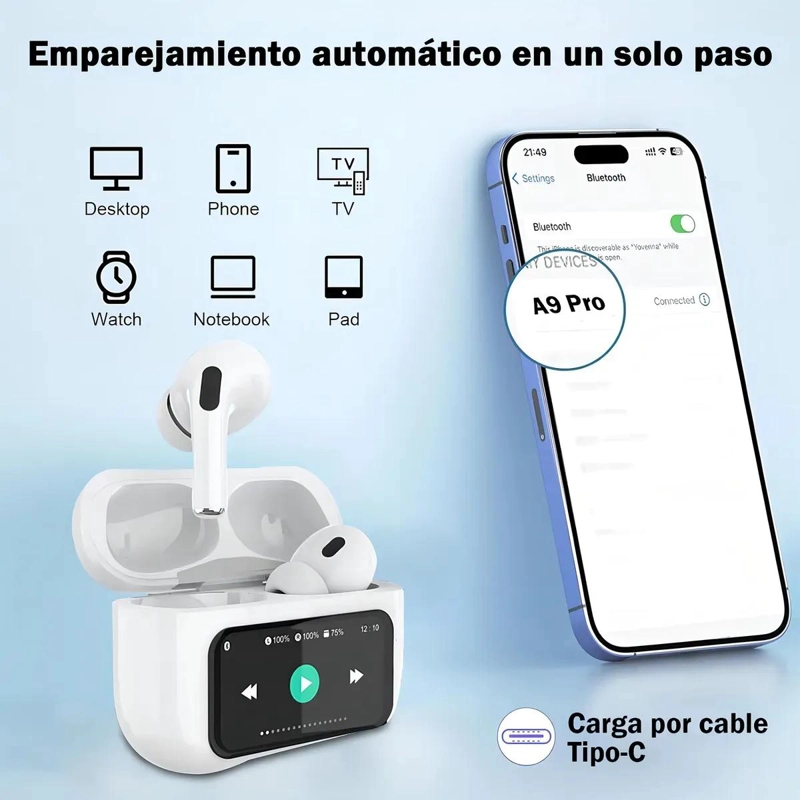 AUDIFONOS INALAMBRICOS BLUETOOTH A9PRO CON PANTALLA - 4