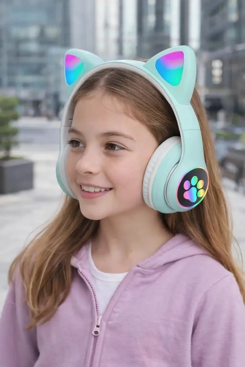 AUDIFONOS BLUETOOTH OREJAS DE GATO CON LUZ LED RGB RECARG - 2