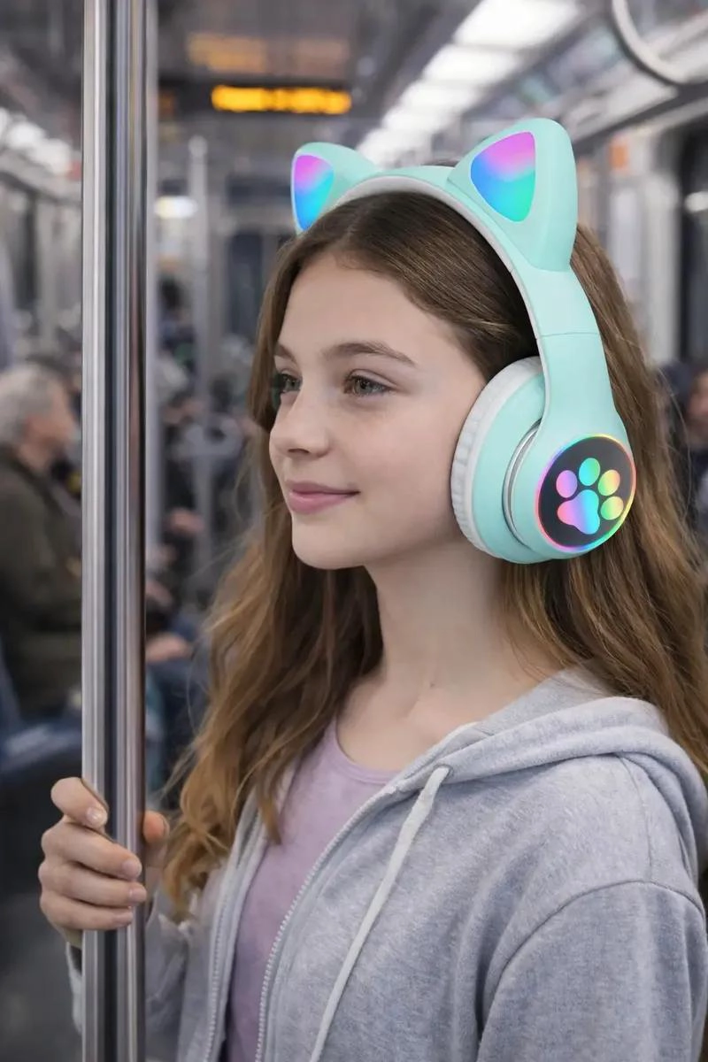 AUDIFONOS BLUETOOTH OREJAS DE GATO CON LUZ LED RGB RECARG - 4