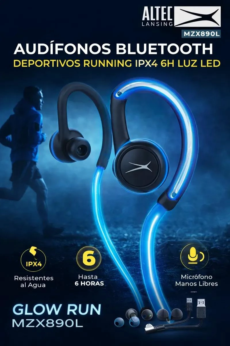 AUDIFONOS BLUETOOTH DEPORTIVOS IPX4 CON LUZ LED Y 6H DE B - 3