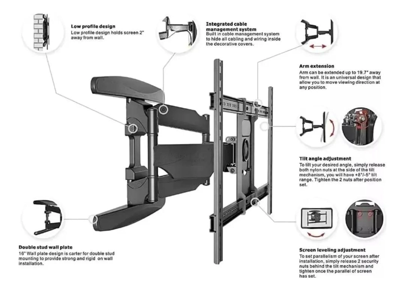 SOPORTE DE PARED PARA TV Y MONITOR 55 A 85 PULGADAS NEGRO - 4