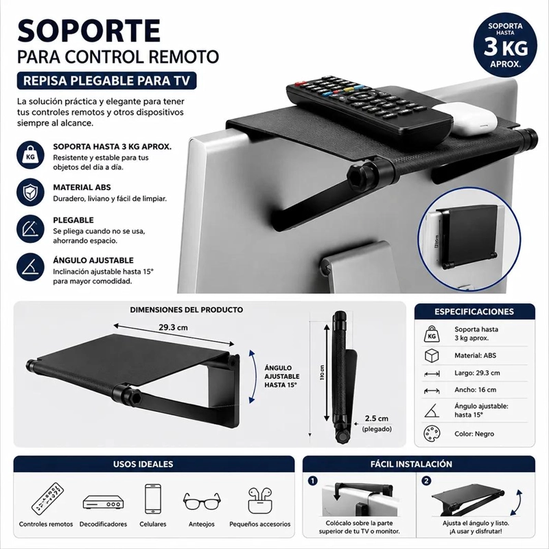 SOPORTE PLEGABLE PARA CONTROL REMOTO Y REPISA TV - 2