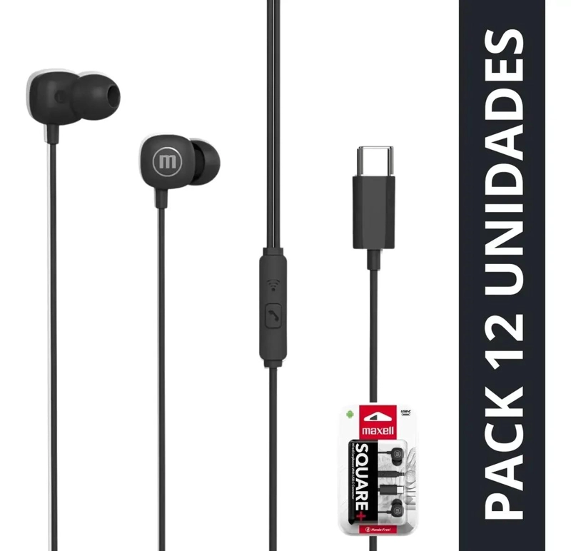 PACK 12 AUDIFONOS TIPO C SQUARE NEGRO - 1
