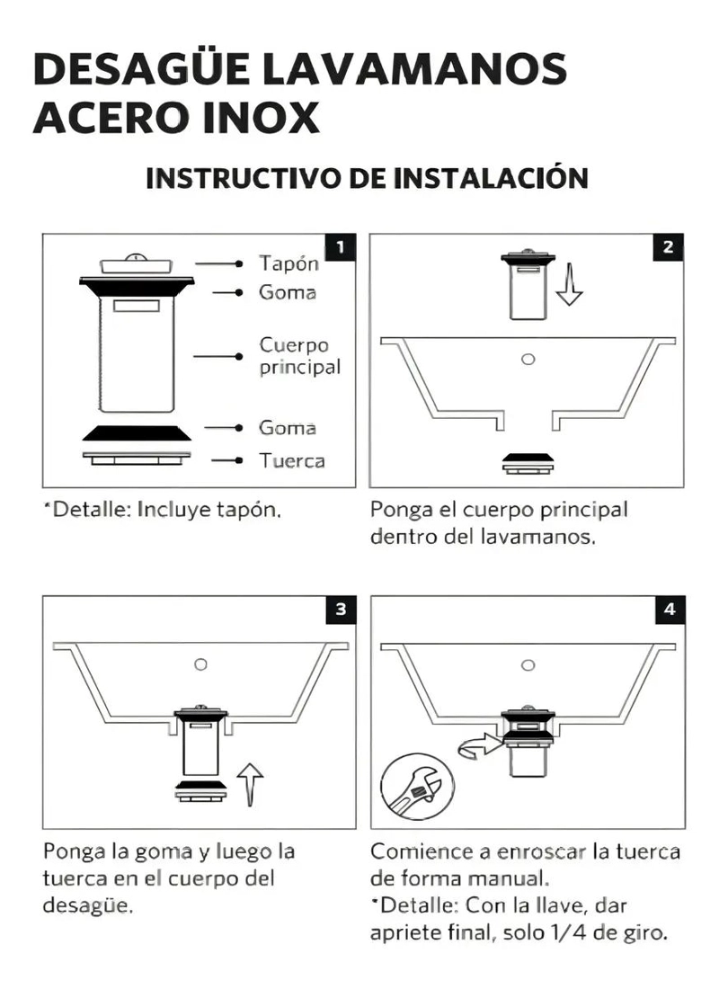DESAGÜE PARA LAVAMANOS ACERO INOXIDABLE CON TAPON 1 1/4'' - 5