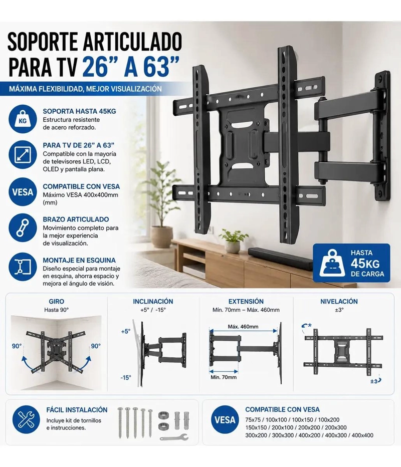 SOPORTE ARTICULADO UNIVERSAL PARA TV 26 A 63 PULGADAS - 2