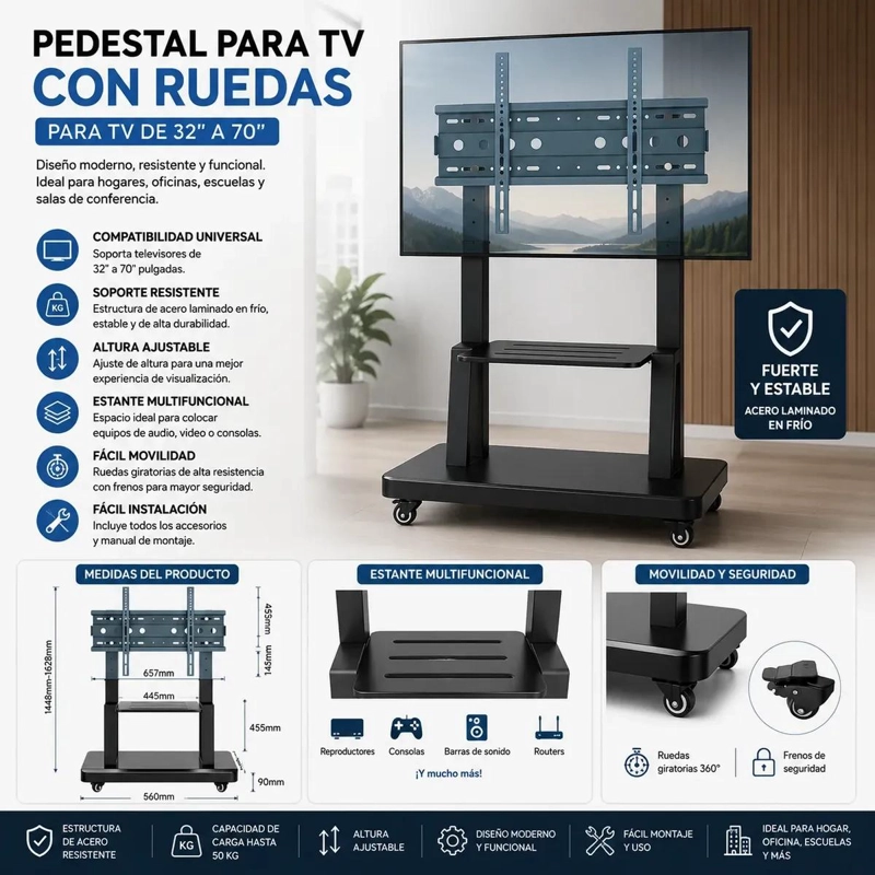 PEDESTAL PARA TV CON RUEDAS 32 A 70 PULGADAS - 2
