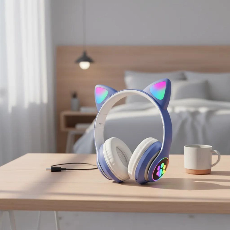 AUDIFONOS BLUETOOTH CON DISEÑO DE OREJAS DE GATO Y LUCES - 3