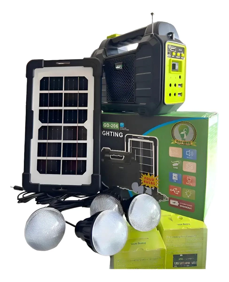 KIT SOLAR CON RADIO, LINTERNA, FOCO Y CARGADOR - 1