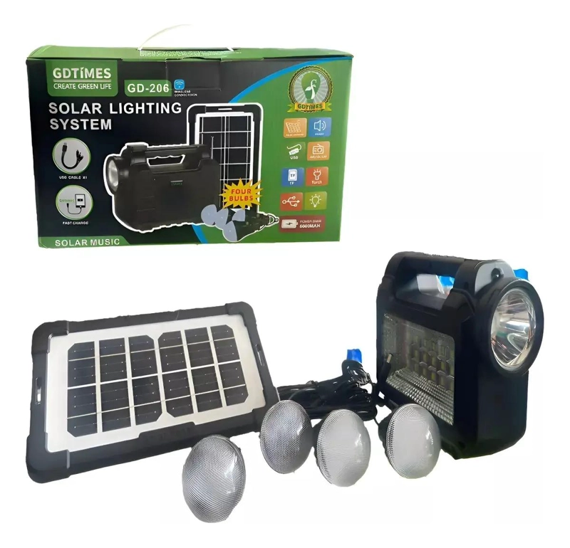 KIT SOLAR CON RADIO, LINTERNA, FOCO Y CARGADOR - 2