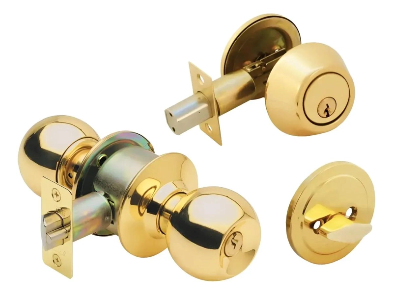 KIT CERRADURA CON POMO Y CERROJO DE SEGURIDAD DORADO - 1