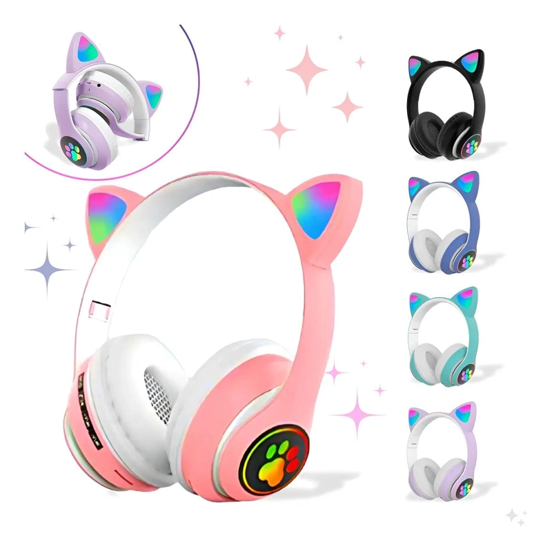 AUDIFONOS INALAMBRICOS BLUETOOTH CON LUZ COLOR ROSA - 1