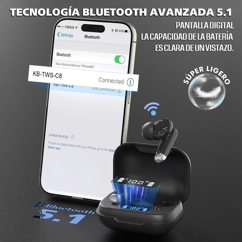 AUDIFONOS INALAMBRICOS BLUETOOTH CON ESTUCHE NEGRO - 2