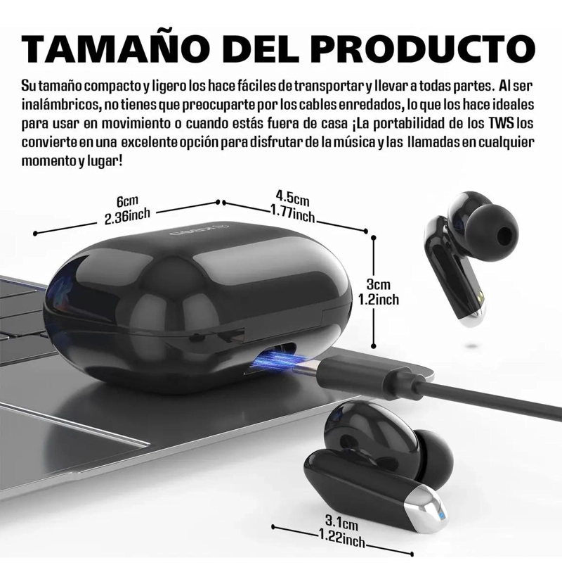 AUDIFONOS INALAMBRICOS BLUETOOTH CON ESTUCHE NEGRO - 5