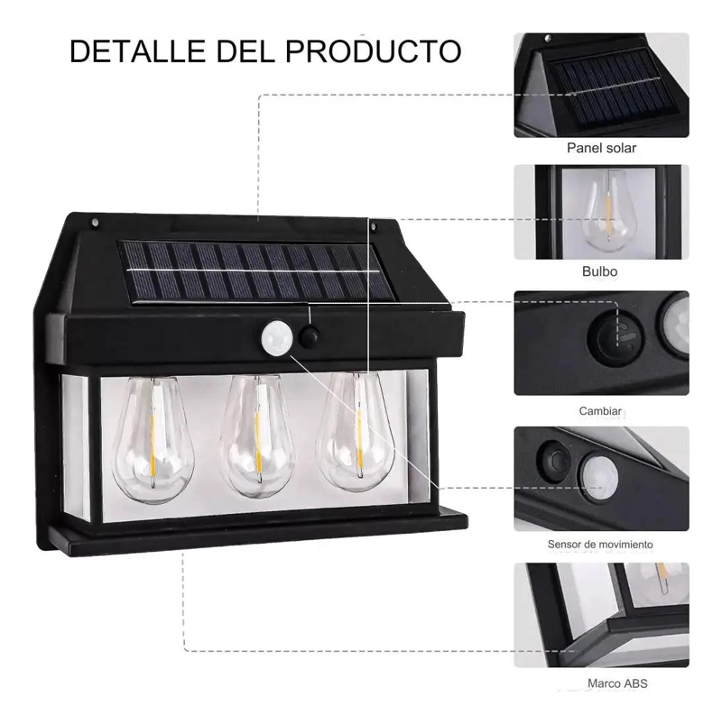 APLIQUE SOLAR VINTAGE CON SENSOR Y 3 LED IMPERMEABLE - 2
