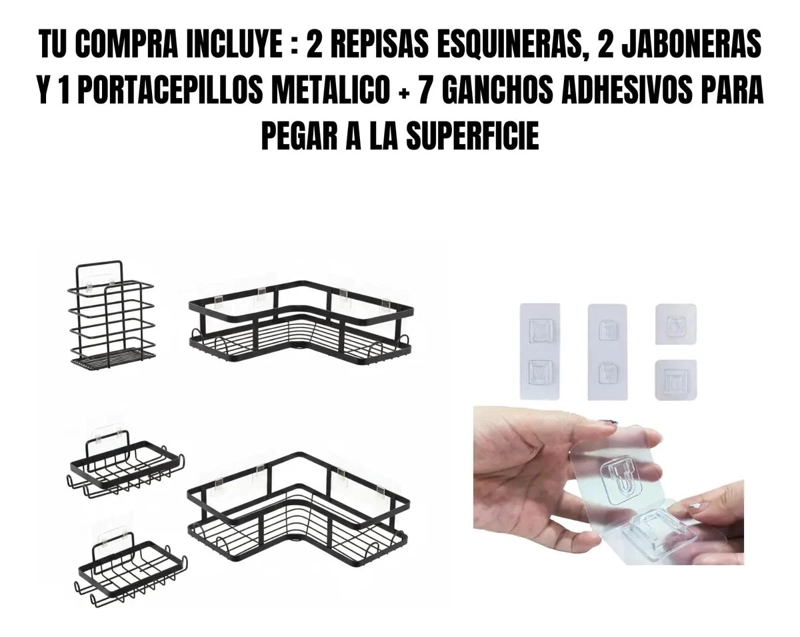ORGANIZADOR DE DUCHA ESQUINERO ADHESIVO NEGRO 5 PIEZAS - 2