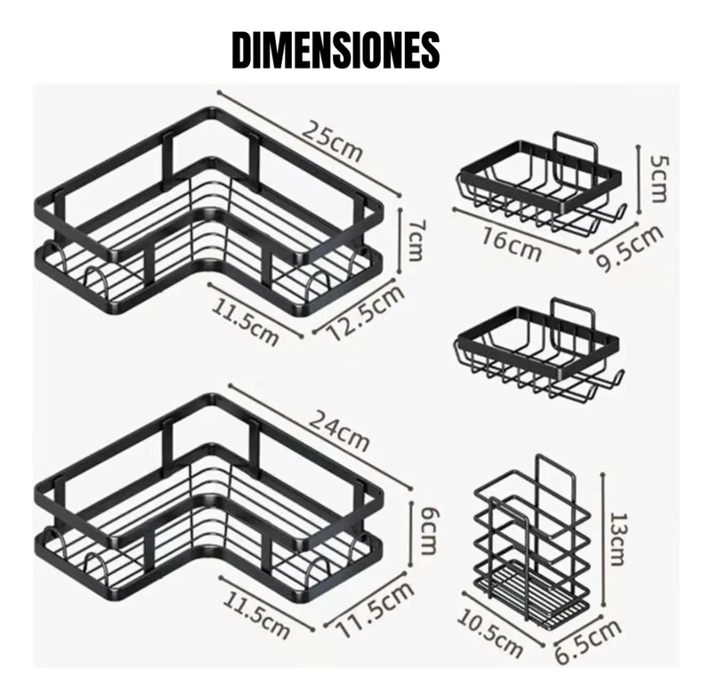 ORGANIZADOR DE DUCHA ESQUINERO ADHESIVO NEGRO 5 PIEZAS - 3