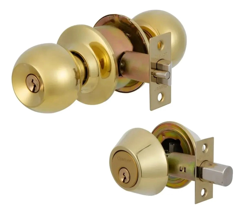 KIT CERRADURA CON POMO Y CERROJO DE SEGURIDAD DORADO - 4