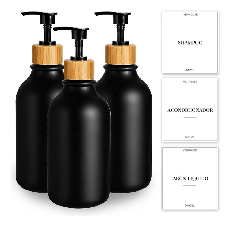 PACK 3 DISPENSADORES DE JABON 500 ML PLASTICO BAMBU - 1