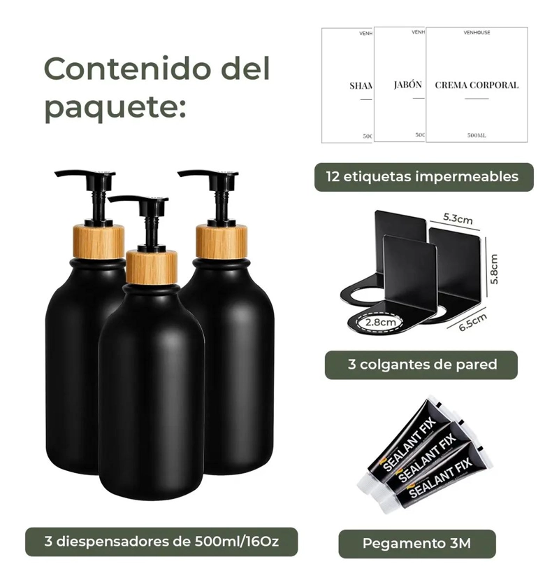 PACK 3 DISPENSADORES DE JABON 500 ML PLASTICO BAMBU - 2