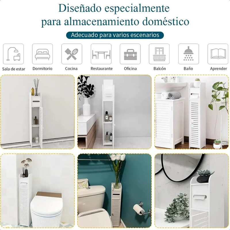 MUEBLE ORGANIZADOR DELGADO PARA BAÑO CON PORTA PAPEL - 2