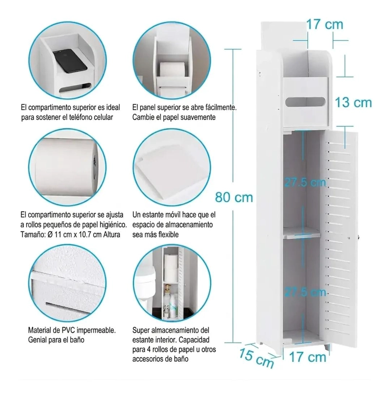 MUEBLE ORGANIZADOR DELGADO PARA BAÑO CON PORTA PAPEL - 3