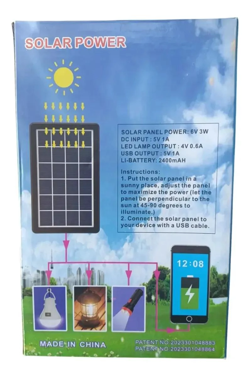 KIT SOLAR PORTATIL CON CARGADOR Y 2 FOCOS 6V 3W - 1
