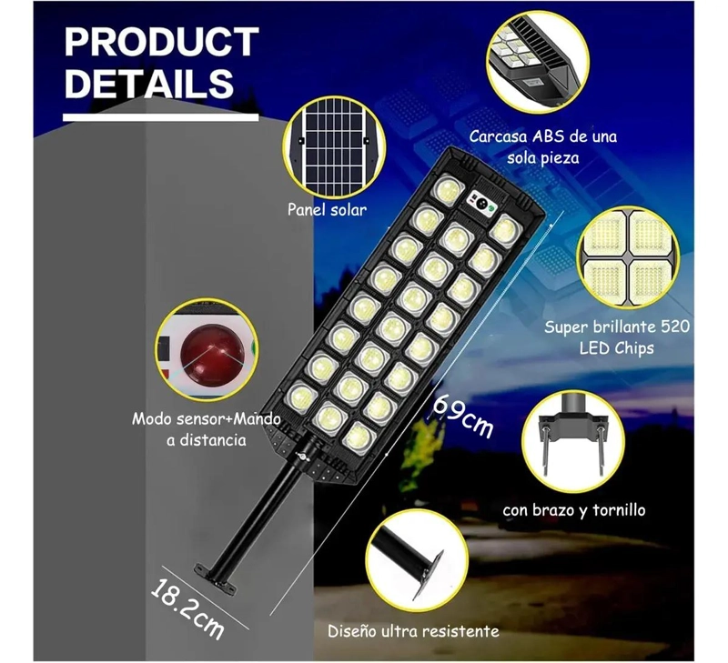 FOCO LED SOLAR PARA EXTERIOR CON SOPORTE Y ALTA POTENCIA - 3