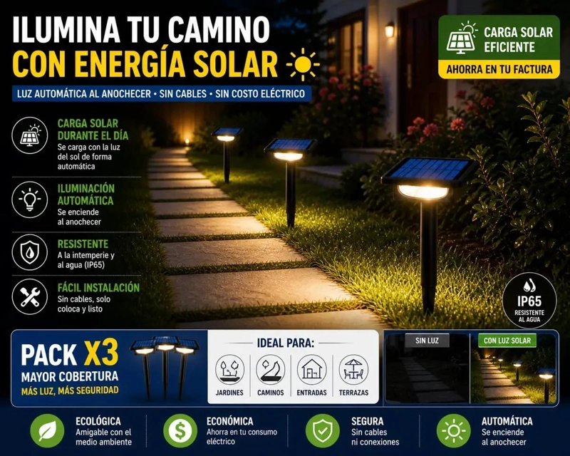 LAMPARA SOLAR LED PARA JARDIN EXTERIOR PACK 3 - 5