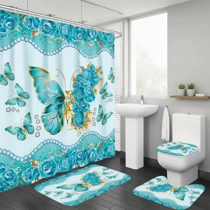 SET DE BAÑO 4 PIEZAS CON CORTINA Y ALFOMBRAS - 1