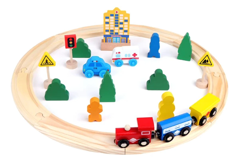 SET TREN DE MADERA CON ACCESORIOS URBANOS EDUCATIVOS - 1