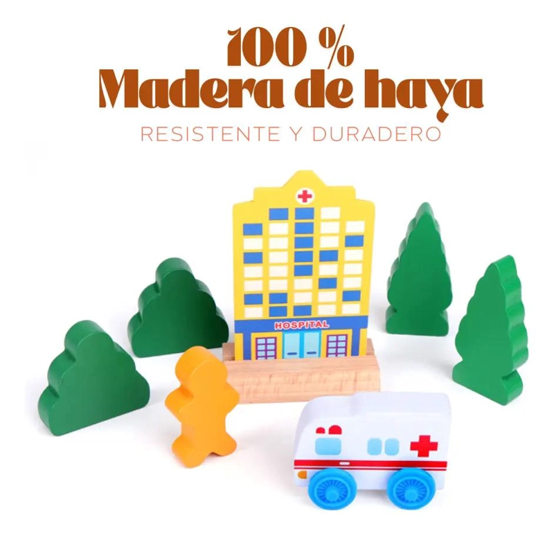 SET TREN DE MADERA CON ACCESORIOS URBANOS EDUCATIVOS - 3