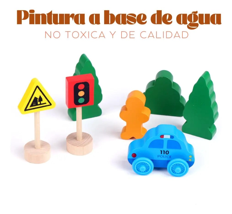 SET TREN DE MADERA CON ACCESORIOS URBANOS EDUCATIVOS - 4