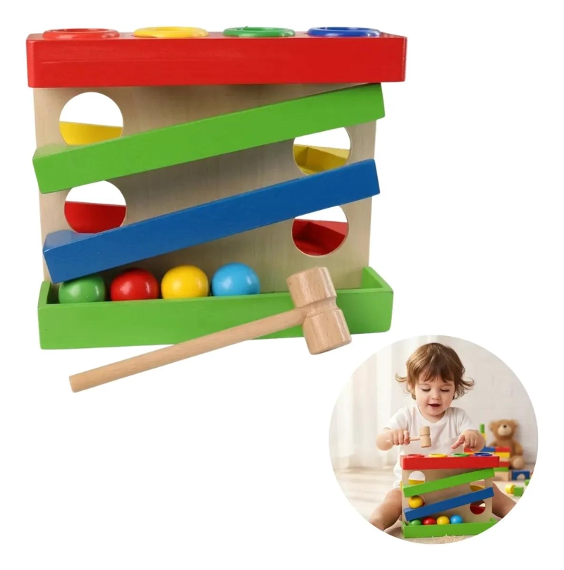 JUGUETE DIDACTICO DE MADERA CON MARTILLO Y RAMPA - 1