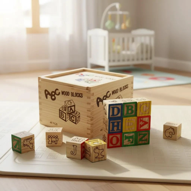 CUBO DE MADERA CON LETRAS Y NUMEROS 48 PIEZAS - 1