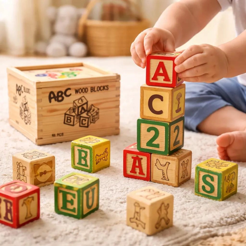 CUBO DE MADERA CON LETRAS Y NUMEROS 48 PIEZAS - 2