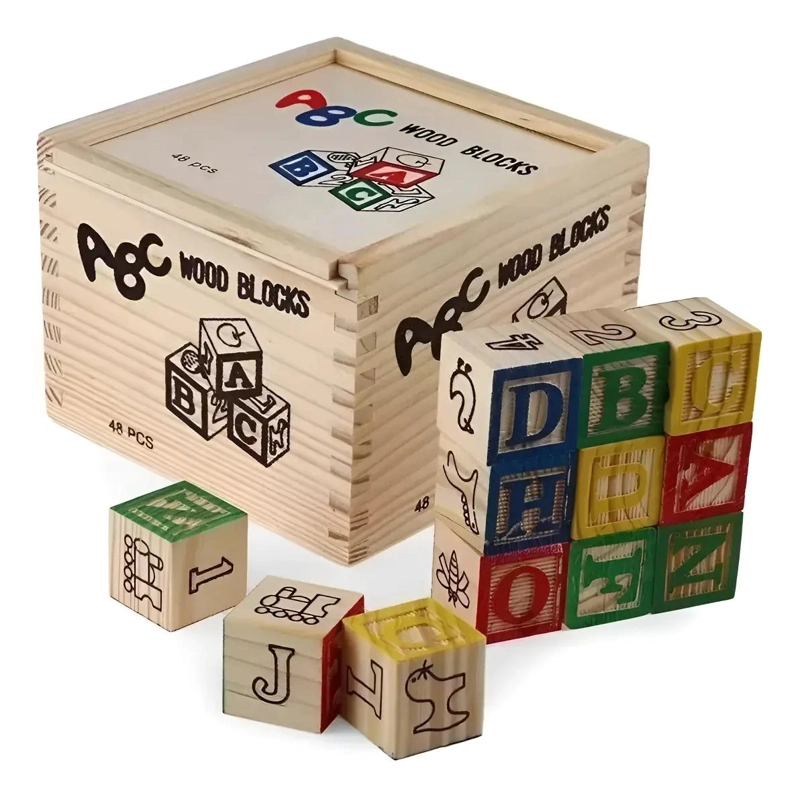 CUBO DE MADERA CON LETRAS Y NUMEROS 48 PIEZAS - 3