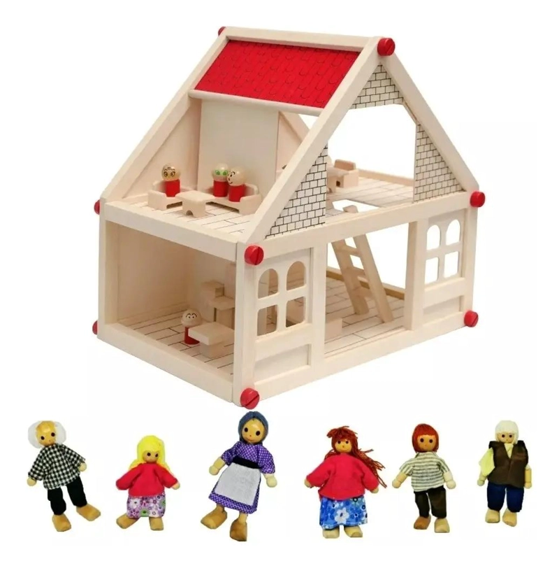 CASA DE MUÑECAS DE MADERA CON MUEBLES Y SET FAMILIAR - 1