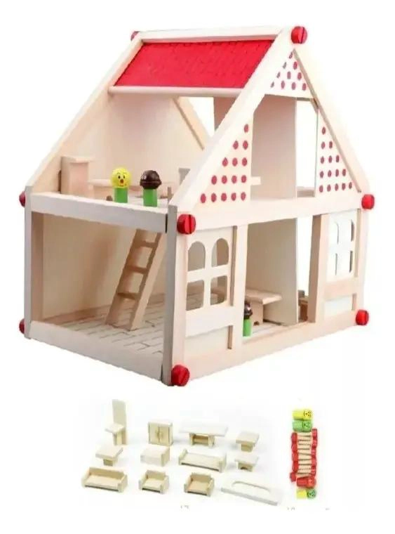 CASA DE MUÑECAS DE MADERA CON MUEBLES Y SET FAMILIAR - 2
