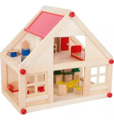 CASA DE MUÑECAS CLASICA DE MADERA CON 17 PIEZAS - 1