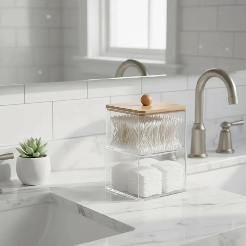 ORGANIZADOR DE BAÑO ACRILICO CON TAPA DE BAMBU 15 CM - 1
