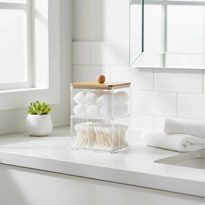 ORGANIZADOR DE BAÑO ACRILICO CON TAPA DE BAMBU 15 CM - 2