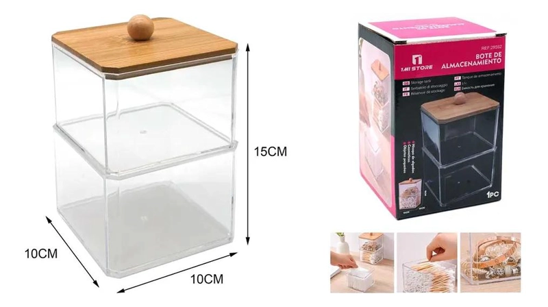 ORGANIZADOR DE BAÑO ACRILICO CON TAPA DE BAMBU 15 CM - 3