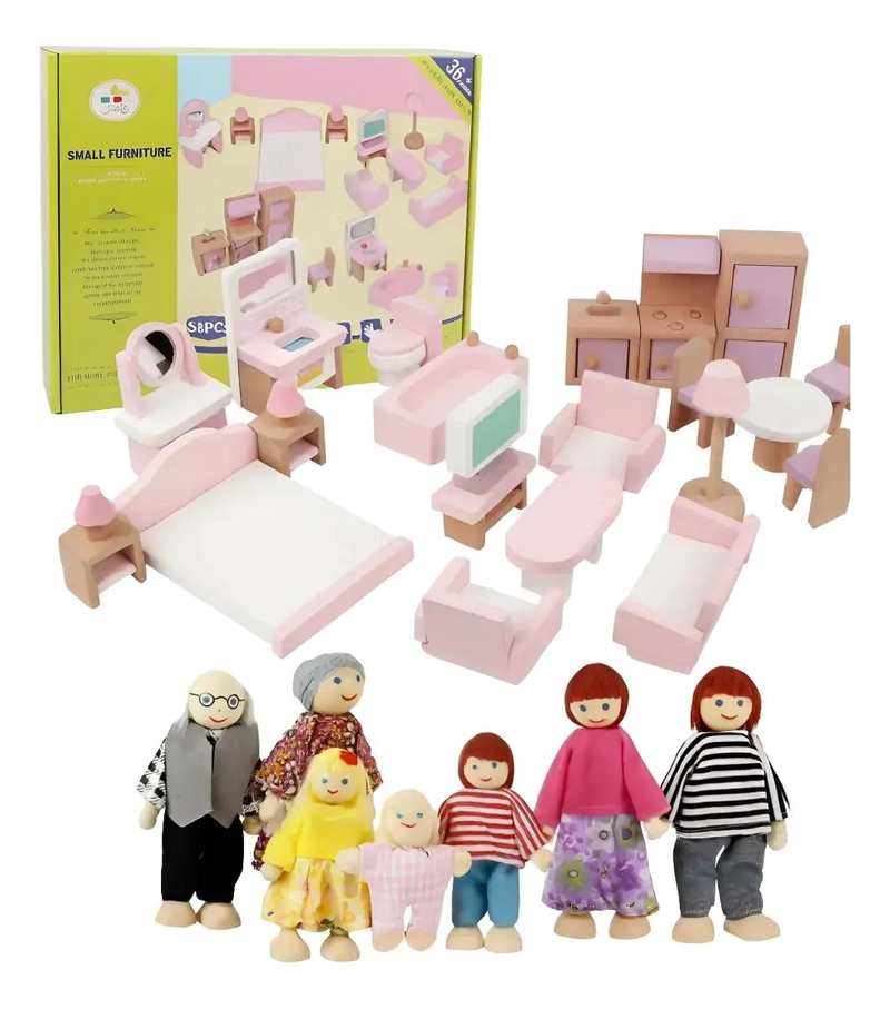 CASA DE MUÑECAS DE MADERA CON MUEBLES Y SET FAMILIAR - 1
