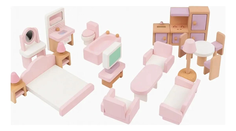 CASA DE MUÑECAS DE MADERA CON MUEBLES Y SET FAMILIAR - 2
