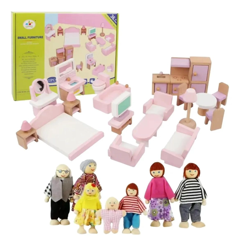 CASA DE MUÑECAS DE MADERA CON MUEBLES Y SET FAMILIAR - 3