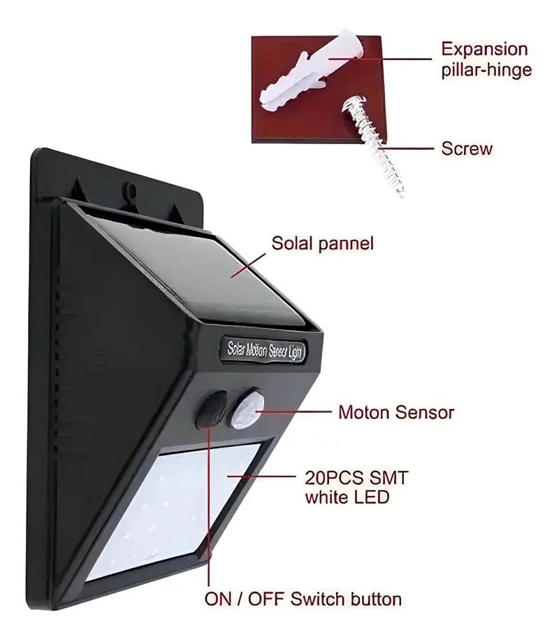 FOCO LED SOLAR 20 LEDS CON SENSOR DE MOVIMIENTO PARA EXER - 3