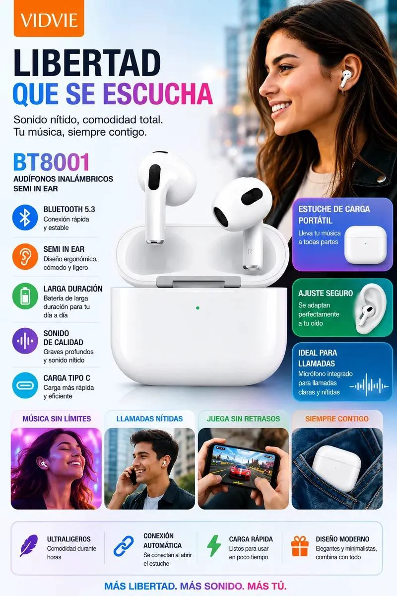 AUDIFONOS INALAMBRICOS BLUETOOTH SEMI IN EAR CON ESTUCHE - 2